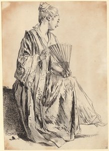 Mujer joven sentada jugando con un abanico de François Boucher