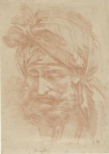 Cabeza de un oriental con barba y turbante, vista de frente, mirando hacia abajo de François Boucher