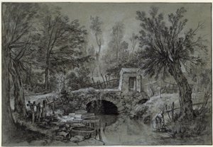 Paisaje con un arroyo y un puente