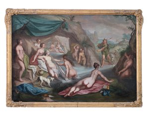 Óleo sobre lienzo. Cuadro mitológico: Artemisa y su séquito son sorprendidos en el baño por Acteón. de François Boucher