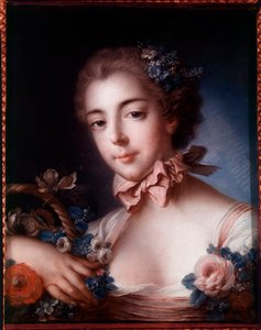 Retrato de una joven apoyada en una cesta de flores. Pintura al pastel de François Boucher (1703-1770)