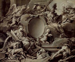 Proyecto para un cartucho: una alegoría de Minerva, la Fama, la Historia y la Fe venciendo a la ignorancia y al tiempo de François Boucher