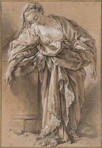 Estudio de una mujer drapeada apoyada en un pedestal de François Boucher