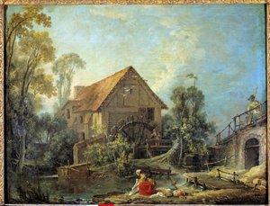 El molino. Una mujer lava la ropa en el arroyo cerca de un molino de agua. Pintura de François Boucher (1703-1770) 1751. Dim. 0,66 x 0,84 m de François Boucher