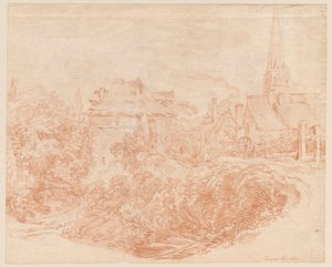 Vista de las construcciones rurales y la torre de la iglesia de François Boucher