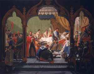 Enrique IV (1553-1610) recibiendo los atributos de la monarquía del moribundo Enrique III (1551-1589) de Francois Buffet