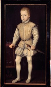 Retrato de Enrique IV de Navarra (1553-1610), niño a la edad de 4 años, durante su estancia en París con sus padres en 1557, entonces Príncipe de Navarra. Pintura de François Bunel II (circa 1552-antes de 1599). 1557. Dim. 1,25x0,64 m. Versalles, Castillos