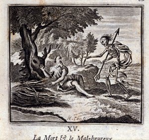 La muerte y el infeliz. Fábulas de Jean de La Fontaine. Ilustración de François Chauveau. Edición de 1728.