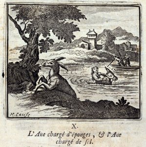El burro cargado de esponjas y el burro cargado de sal. Fábulas de Jean de La Fontaine. Ilustración de François Chauveau. Edición de 1728.