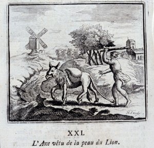 El burro con piel de león. Fábulas de Jean de La Fontaine. Ilustración de François Chauveau. Edición de 1728. de Francois Chauveau
