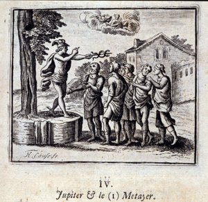 Júpiter y el Metayer. Fábulas de Jean de La Fontaine (1621-95). Ilustración de François Chauveau (1613-1676). Edición de 1728.