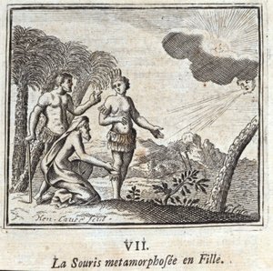El ratón metamorfoseado en niña. Fábulas de Jean de La Fontaine (1621-95). Ilustración de François Chauveau (1613-1676). Edición de 1728.