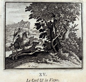 El ciervo y la vid. Fábulas de Jean de La Fontaine (1621-95). Ilustración de François Chauveau (1613-1676). Edición de 1728. de Francois Chauveau