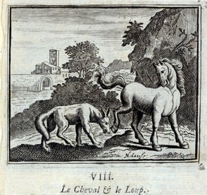 El caballo y el lobo. Fábulas de Jean de La Fontaine (1621-95). Ilustración de François Chauveau (1613-1676). Edición de 1728. de Francois Chauveau