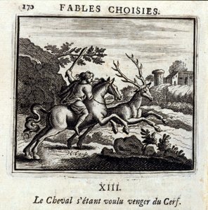 El caballo quería venganza por el ciervo. Fábulas de Jean de La Fontaine. Ilustración de François Chauveau. Edición de 1728.
