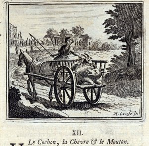 El cerdo, la cabra y la oveja. Fábulas de Jean de La Fontaine. Ilustración de François Chauveau. Edición de 1728. de Francois Chauveau