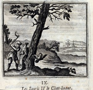 Los ratones y el búho. Fábulas de Jean de La Fontaine (1621-95). Ilustración de François Chauveau (1613-1676). Edición de 1728. de Francois Chauveau