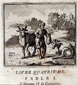 El hombre y la serpiente. Fábulas de Jean de La Fontaine (1621-95). Ilustración de François Chauveau (1613-1676). Edición de 1728 de Francois Chauveau