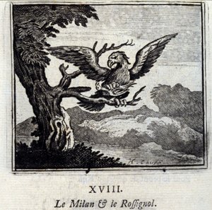 Milano y el ruiseñor. Fábulas de Jean de La Fontaine (1621-95). Ilustración de François Chauveau (1613-1676). Edición de 1728. de Francois Chauveau