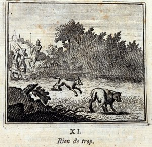 Nada en exceso. Fábulas de Jean de La Fontaine (1621-95). Ilustración de François Chauveau (1613-1676). Edición de 1728 de Francois Chauveau