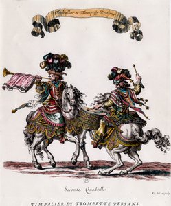 Timbalero y trompeta persas durante el carrusel dado por el Rey Luis XIV (1639-1715) Grabado por François Chauveau (1613-1676) circa 1662 Colección privada de Francois Chauveau