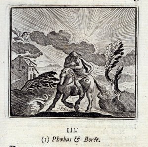 Febo y Bóreas. Fábulas de Jean de La Fontaine (1621-95). Ilustración de François Chauveau (1613-1676). Edición de 1728 de Francois Chauveau