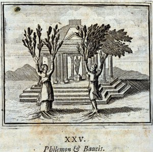Filemón y Baucis. Fábulas de Jean de La Fontaine (1621-95). Ilustración de François Chauveau (1613-1676). Edición de 1728