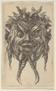 Máscara de sátiro con cuernos y barba torcida con una corona de hiedra, de Divers Masque..., ca. 1635-45