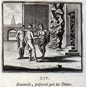 Simónides preservado por los dioses. Fábulas de Jean de La Fontaine (1621-95). Ilustración de François Chauveau (1613-1676). Edición de 1728.