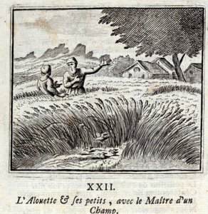 La alondra y sus crías con el dueño de un campo. Fábulas de Jean de La Fontaine (1621-95). Ilustración de François Chauveau (1613-1676). Edición de 1728. de Francois Chauveau