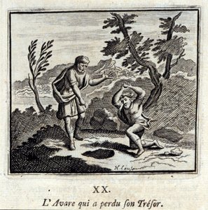 El avaro que perdió su tesoro. Fábulas de Jean de La Fontaine (1621-95). Ilustración de François Chauveau (1613-1676). Edición de 1728.