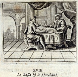 El bajá y el comerciante. Fábulas de Jean de La Fontaine (1621-95). Ilustración por François Chauveau (1613-1676). Edición de 1728.