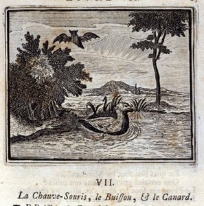 El murciélago, el arbusto y el pato. Fábulas de Jean de La Fontaine. Ilustración de François Chauveau. Edición de 1728. de Francois Chauveau