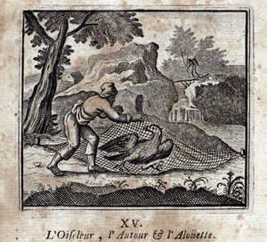 El pájaro alrededor y la alondra. Fábulas de Jean de La Fontaine (1621-95). Ilustración de François Chauveau (1613-1676). Edición de 1728 de Francois Chauveau