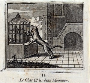 El gato y los dos gorriones. Fábulas de Jean de La Fontaine (1621-95). Ilustración de François Chauveau (1613-1676). Edición de 1728 de Francois Chauveau