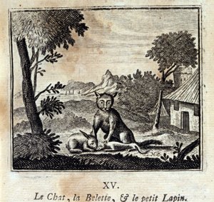 El gato, la comadreja y el conejito. Fábulas de Jean de La Fontaine (1621-95). Ilustración de François Chauveau (1613-1676). Edición de 1728 de Francois Chauveau