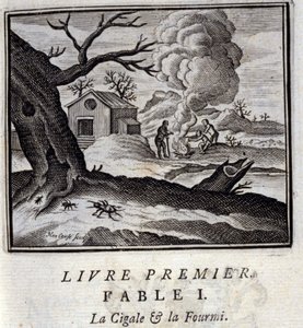 La cigarra y la hormiga. Fábulas de Jean de La Fontaine (1621-95). Ilustración de François Chauveau (1613-1676). Edición de 1728