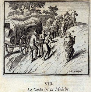 El coche y la mosca. Fábulas de Jean de La Fontaine (1621-95). Ilustración de François Chauveau (1613-1676). Edición de 1728 de Francois Chauveau