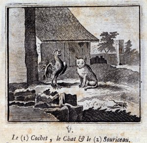 El gallo, el gato y el ratón. Fábulas de Jean de La Fontaine (1621-95). Ilustración por François Chauveau (1613-1676). Edición de 1728.
