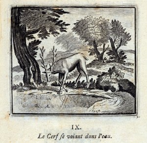 El ciervo viéndose en el agua. Fábulas de Jean de La Fontaine (1621-95). Ilustración de François Chauveau (1613-1676). Edición de 1728 de Francois Chauveau