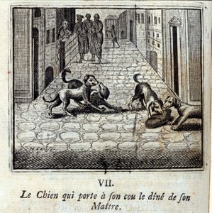 El perro que lleva la cena de su amo en el cuello. Fábulas de Jean de La Fontaine (1621-95). Ilustración de François Chauveau (1613-1676). Edición de 1728 de Francois Chauveau