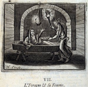 El borracho y su esposa. Fábulas de Jean de La Fontaine (1621-95). Ilustración de François Chauveau (1613-1676). Edición de 1728