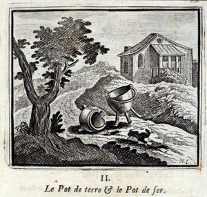 La olla de barro y la olla de hierro. Fábulas de Jean de La Fontaine. Ilustración de François Chauveau. Edición de 1728.