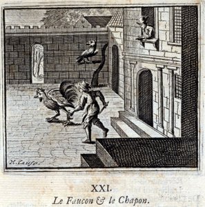 El halcón y el capón. Fábulas de Jean de La Fontaine (1621-95). Ilustración de François Chauveau (1613-1676). Edición de 1728. de Francois Chauveau