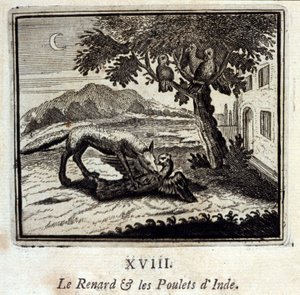 El zorro y las gallinas de la India. Fábulas de Jean de La Fontaine. Ilustración de François Chauveau. Edición de 1728. de Francois Chauveau