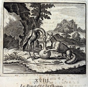 El zorro y la cigüeña. Fábulas de Jean de La Fontaine (1621-95). Ilustración de François Chauveau (1613-1676). Edición de 1728 de Francois Chauveau