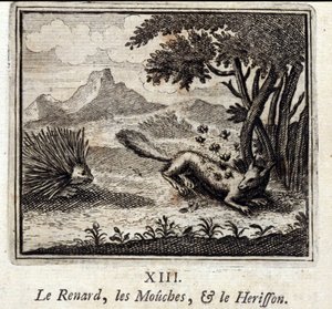 El zorro, las moscas y el erizo. Fábulas de Jean de La Fontaine (1621-95). Ilustración de François Chauveau (1613-1676). Edición de 1728