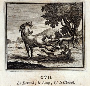 El zorro, el lobo y el caballo. Fábulas de Jean de La Fontaine (1621-95). Ilustración de François Chauveau (1613-1676). Edición de 1728.
