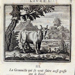 La rana que quiere ser tan grande como el buey. Fábulas de Jean de La Fontaine (1621-95). Ilustración de François Chauveau (1613-1676). Edición de 1728.