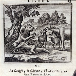 La ternera, la cabra y la oveja en sociedad con el león. Fábulas de Jean de La Fontaine (1621-95). Ilustración de François Chauveau (1613-1676). Edición de 1728.